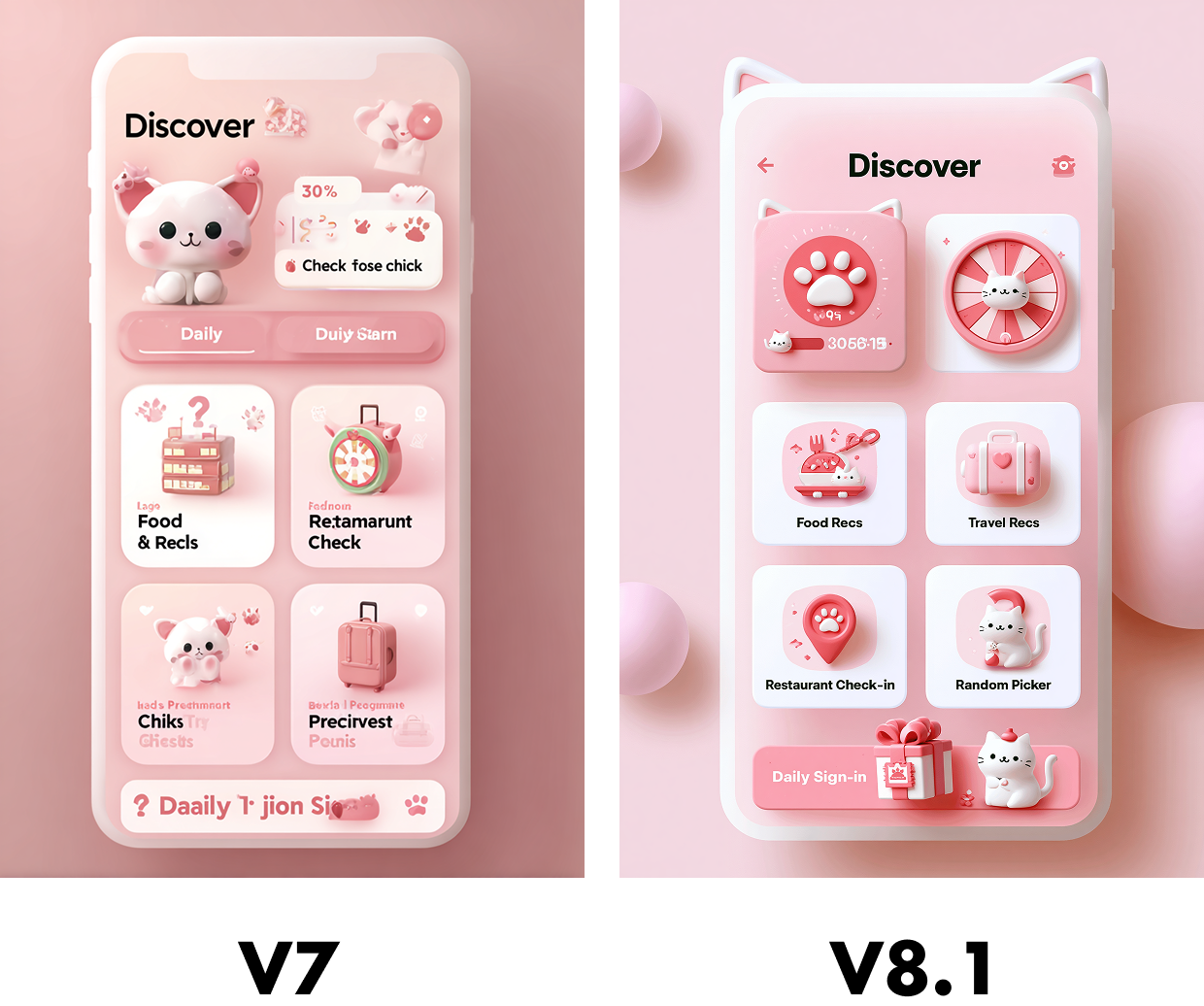 V8.1 APP UI 设计稿：复杂布局与 UI 文字渲染，粉色系猫咪主题发现页