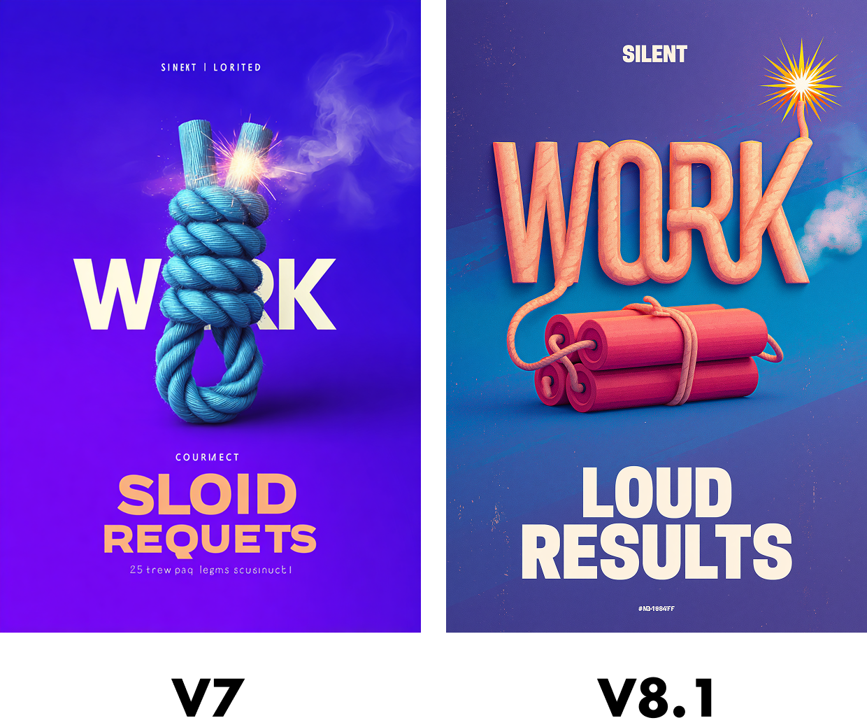 V8.1 创意文字海报：绳索造型 WORK 字样与炸药元素，文本渲染增强能力展示