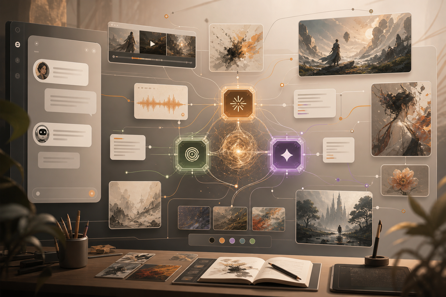 献丑 AI 对话连接多模型与 AIGC 创作画布的示意图
