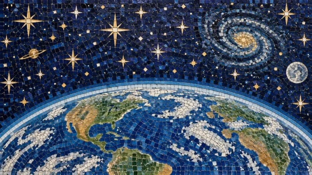 马赛克镶嵌:星空与地球的碎瓷拼贴